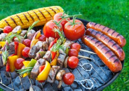 Barbecue dans le jardin avec des brochettes des légume setc